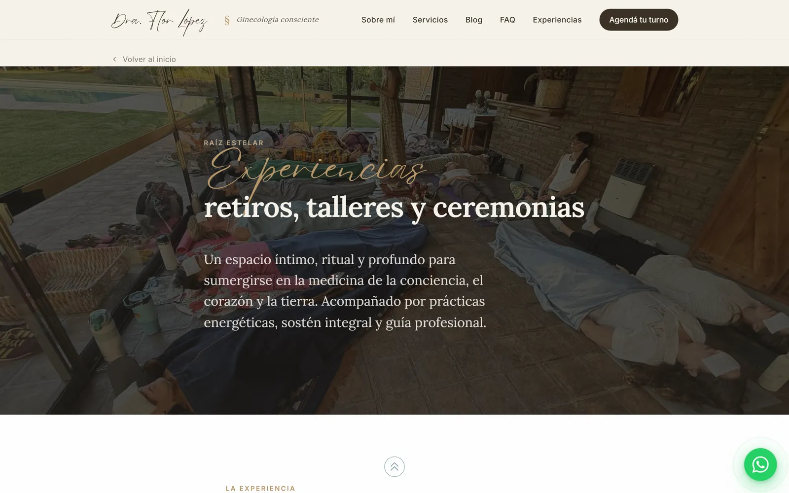 Página de retiros de draflorlopez.com: Experiencias — retiros, talleres y ceremonias, con una foto real de un encuentro
